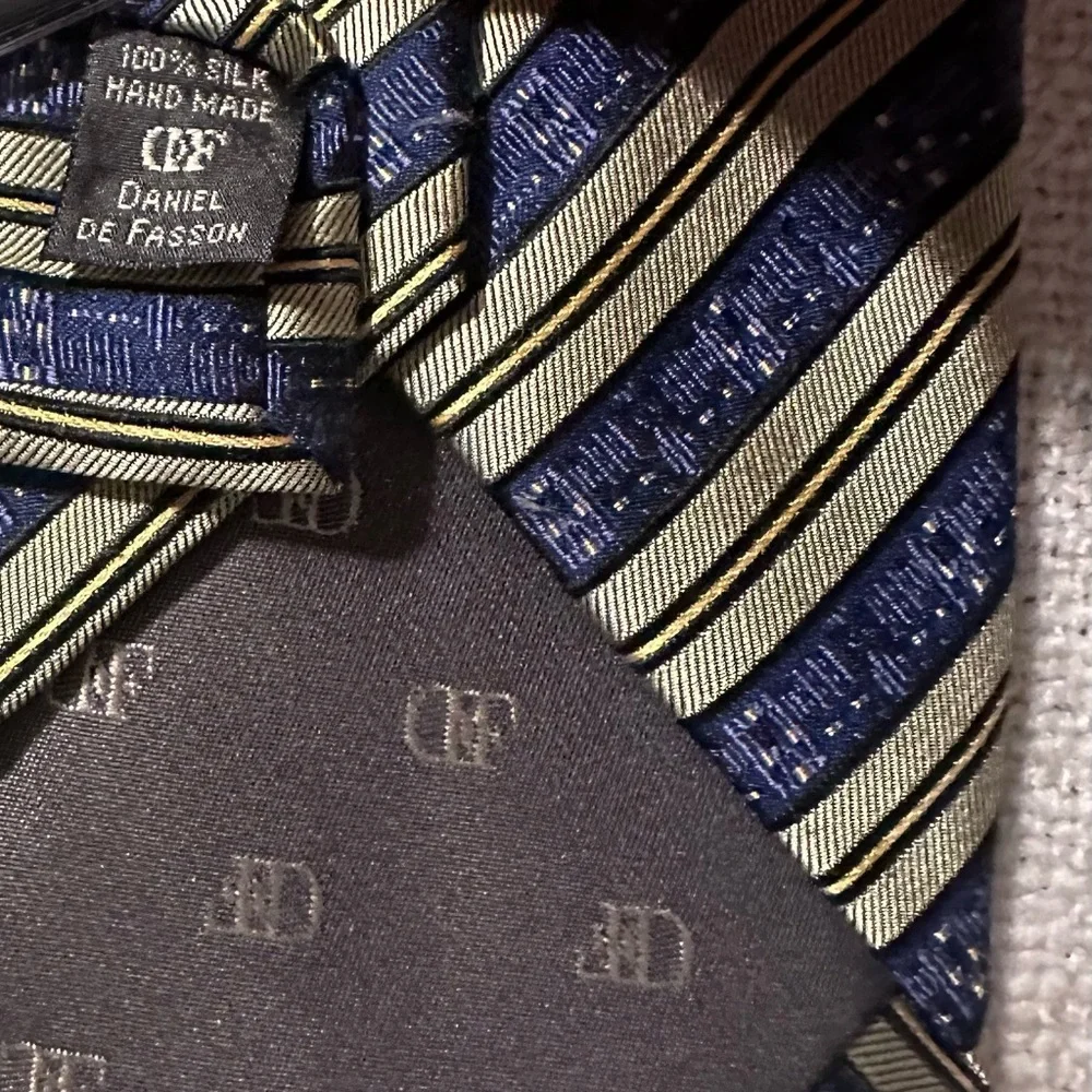 DANIEL DE FASSON 100% Silk Tie Diagonal Stripe Print Blue Sage Green